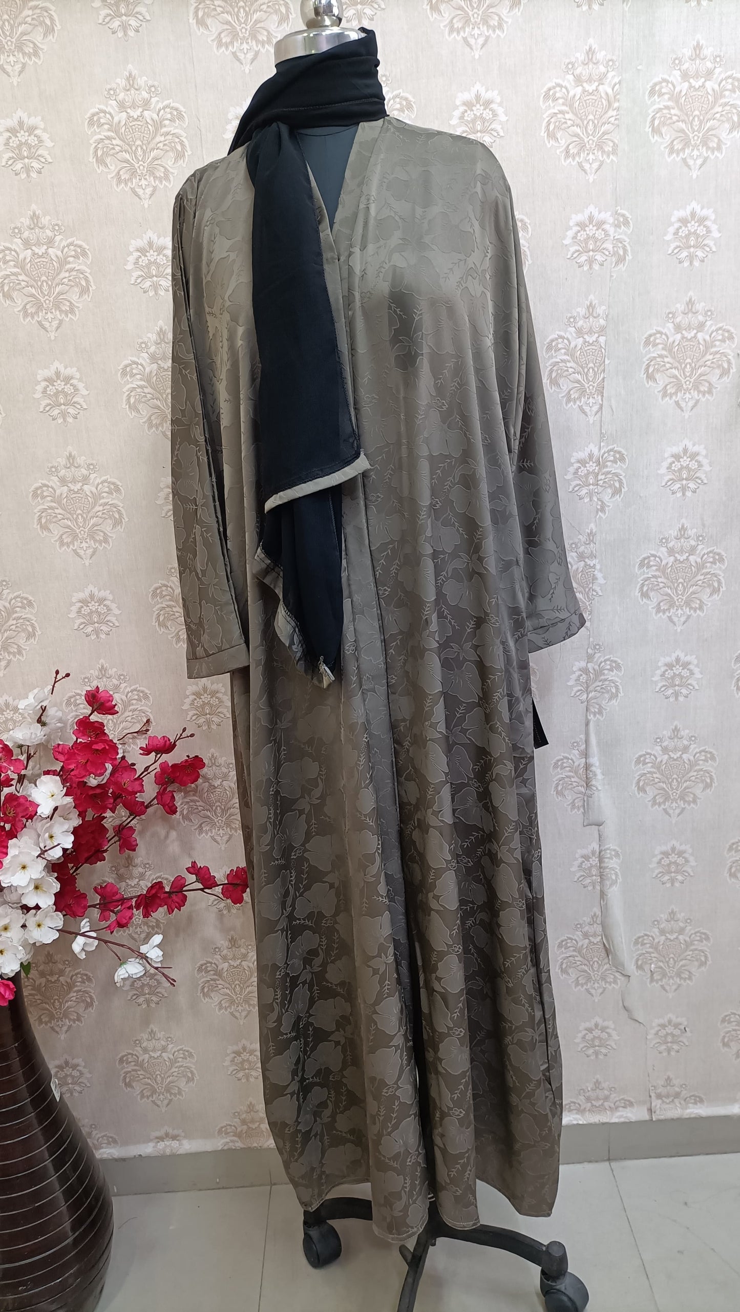 Sage Olive Floral Jacquard Luxury Abaya