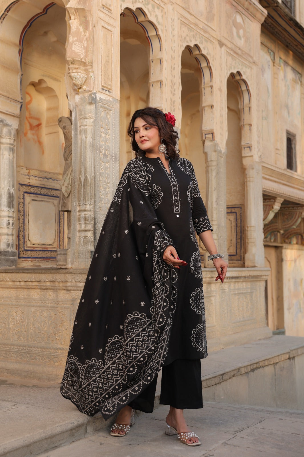 Rumaisa Jet Black Bandhani Print Kurta Set