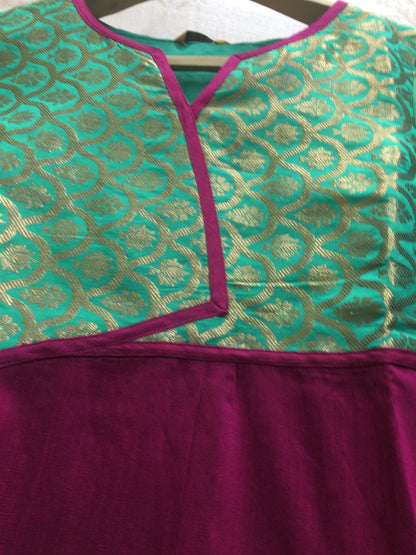 Vibrant Magenta & Green Color Block Kurti with Gold Brocade Yoke