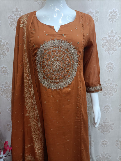 Rust Orange Embroidered Cotton Kurta Set with Dupatta