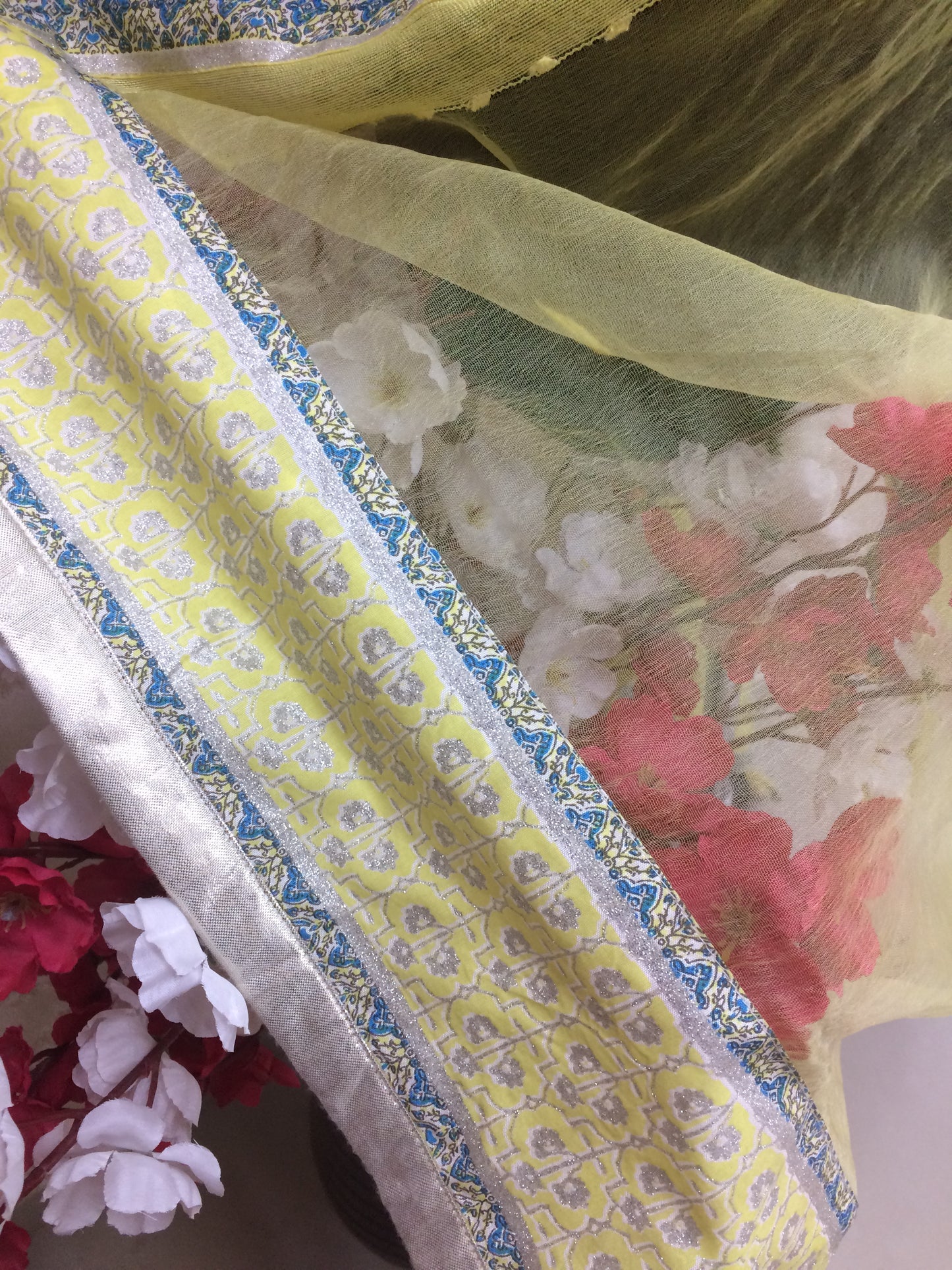 Pastel Yellow Organza Dupatta with Blue & Gold Embroidered Border