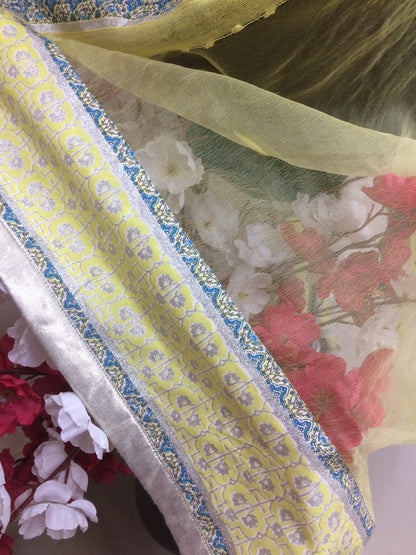 Pastel Yellow Organza Dupatta with Blue & Gold Embroidered Border