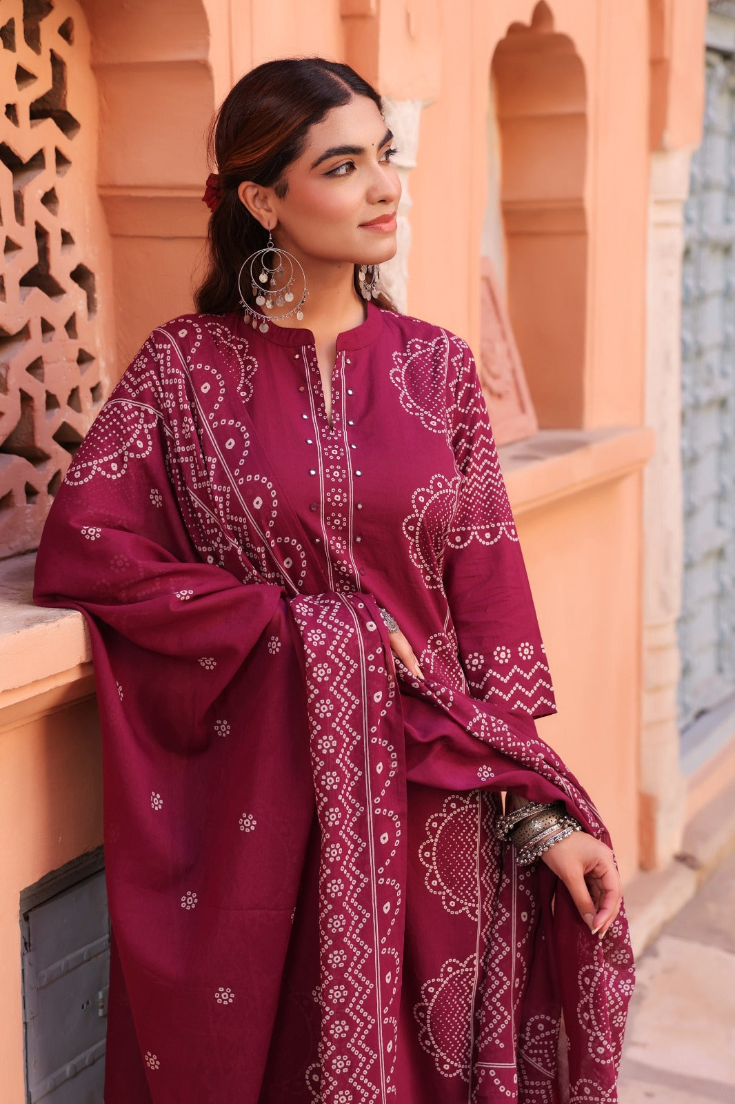 Maria Maroon Bandhani Print Kurta Set