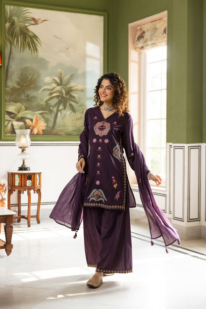 💜 Enchanting Plum Embroidered Cotton Suit Set