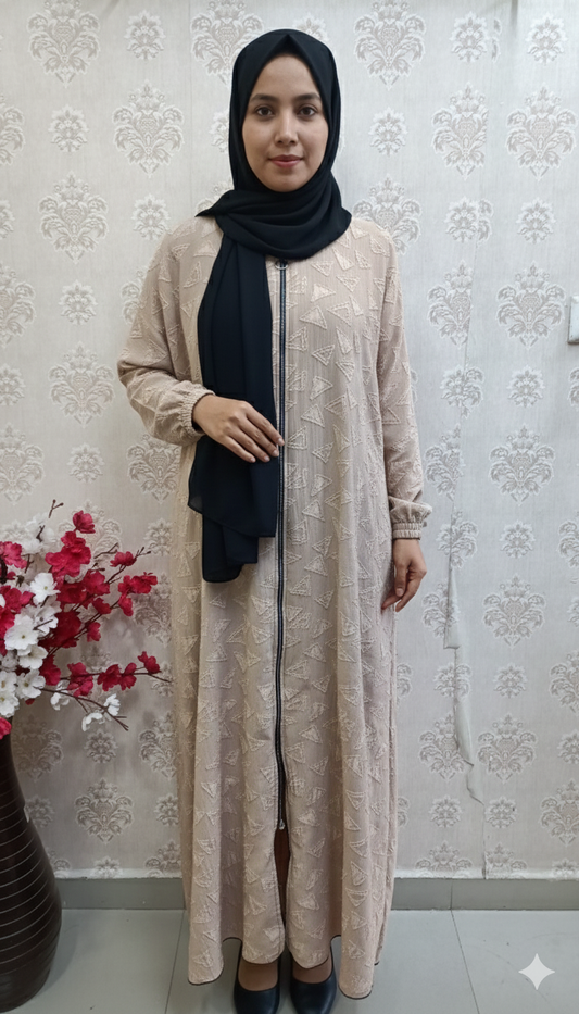 Textured Beige Geometric Abaya with Full Zip Front