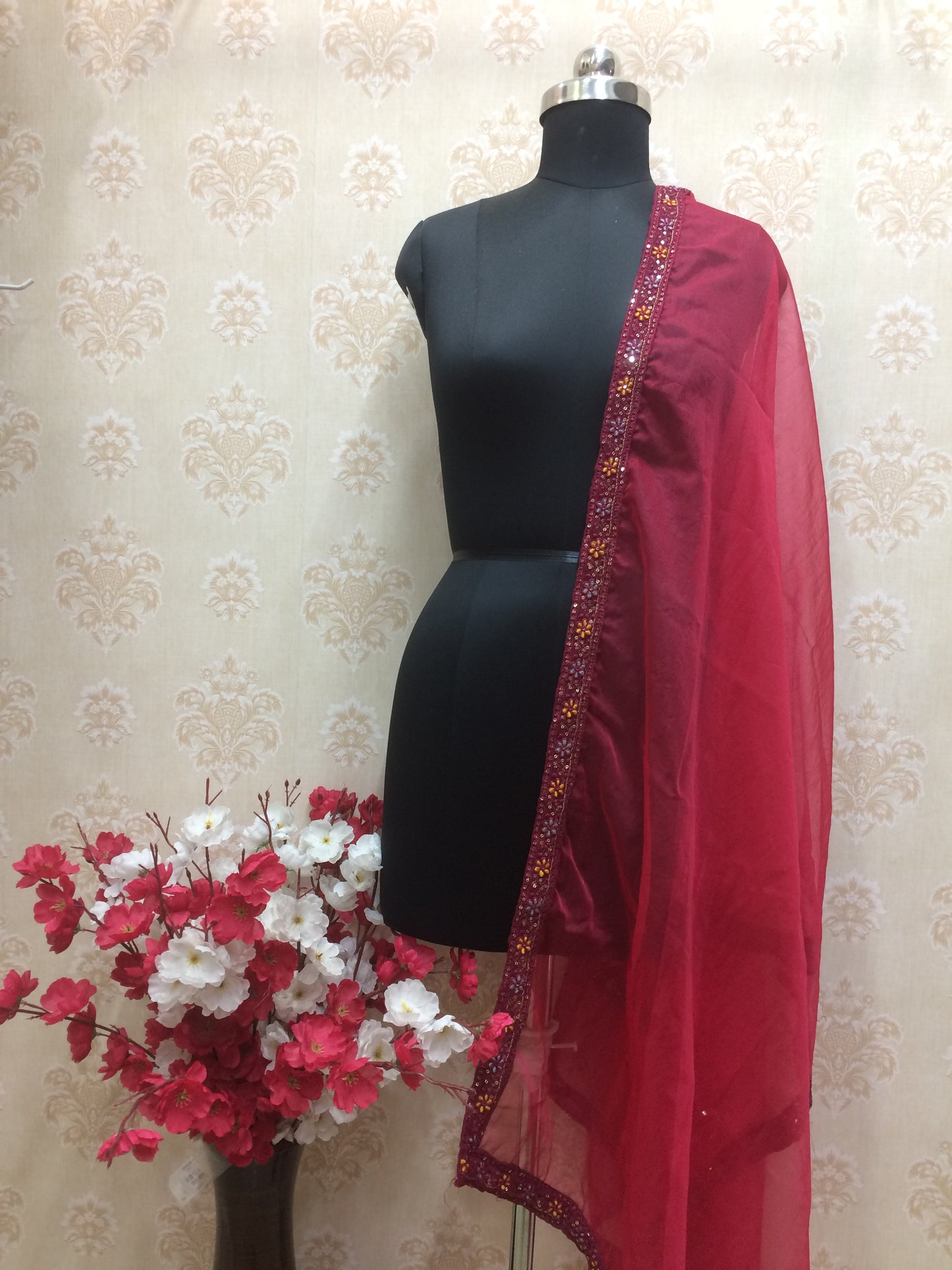 Rich Maroon Net Dupatta with Sequin Border