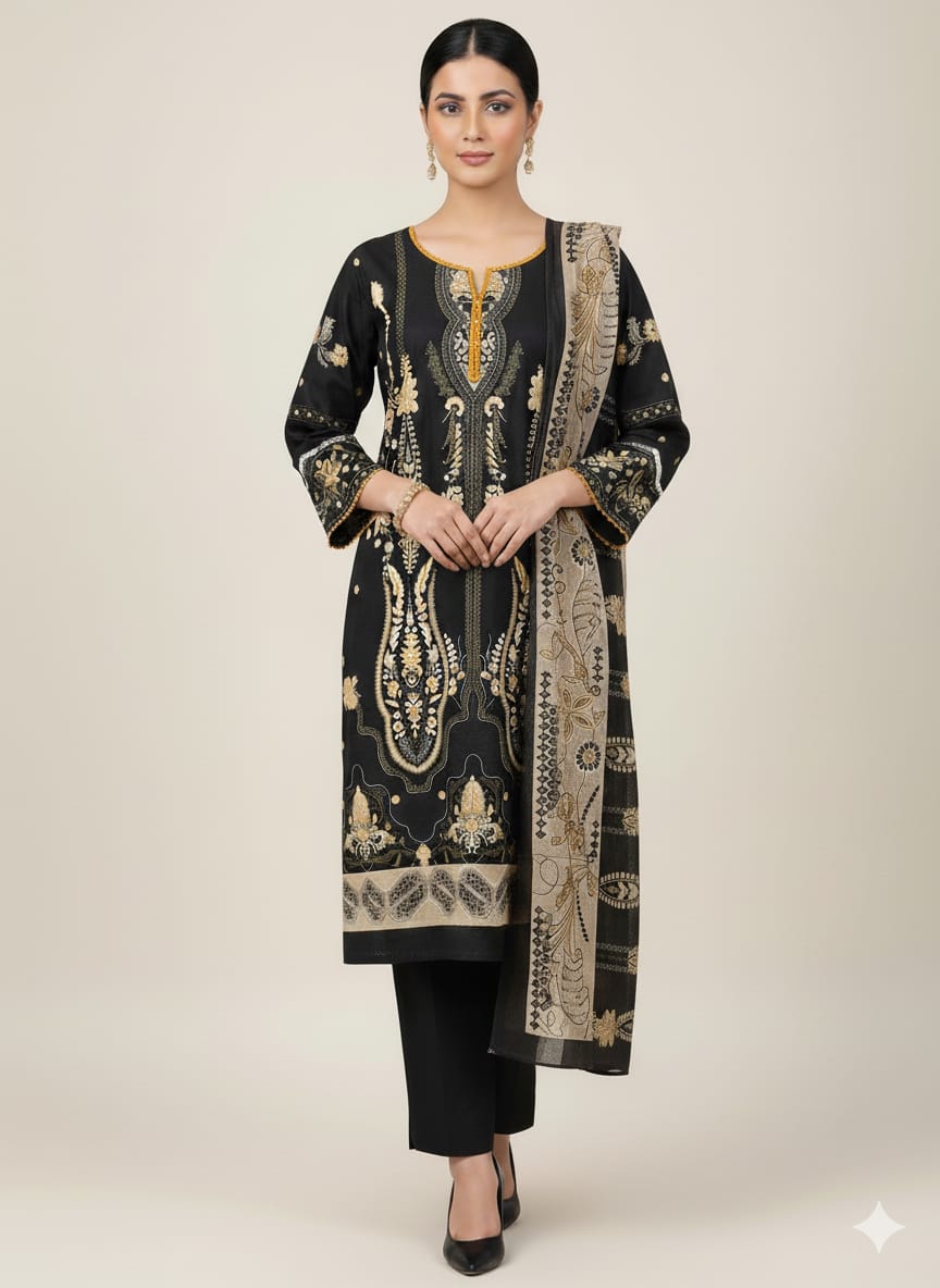 Elegant Black & Gold Pakistani Stitched Cotton Suit