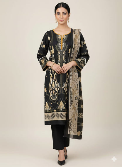 Elegant Black & Gold Pakistani Stitched Cotton Suit