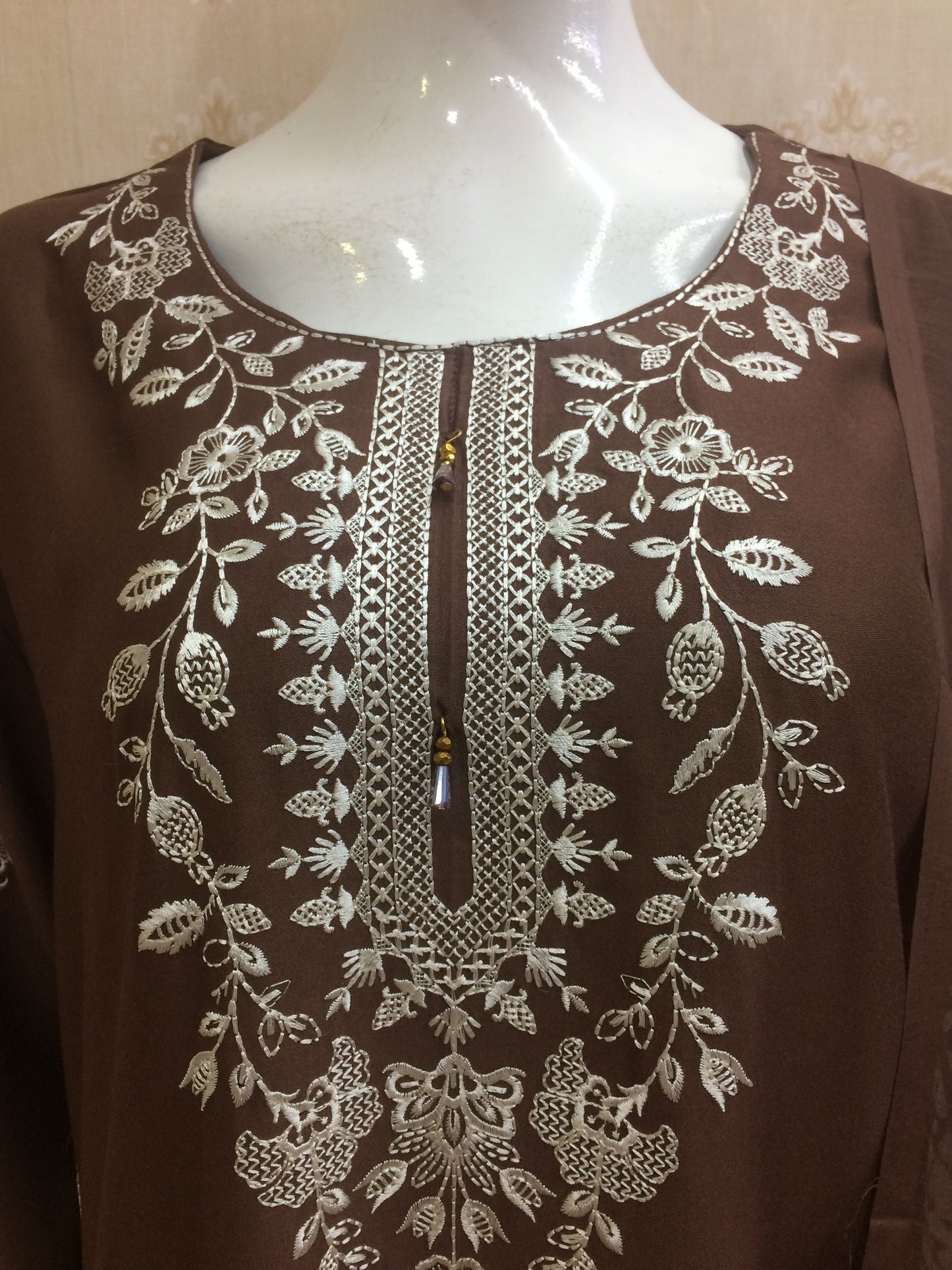 Elegant Embroidered rust and brown rayon Suit Set with Printed Dupatta