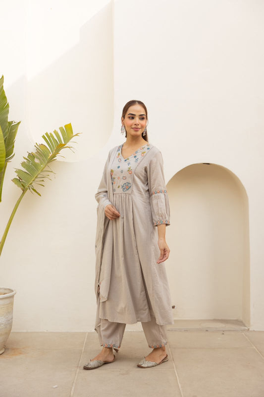BelleFloral Meadow Embroidered Cotton Anarkali Set
