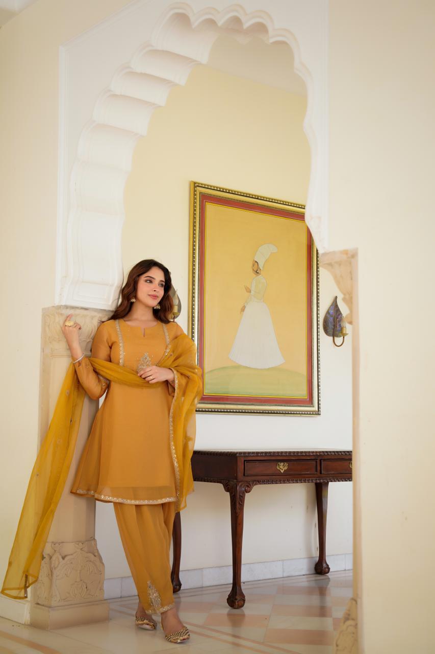 Ethereal Mustard Yellow Kurta & Salwar Set with Gold Zari Work