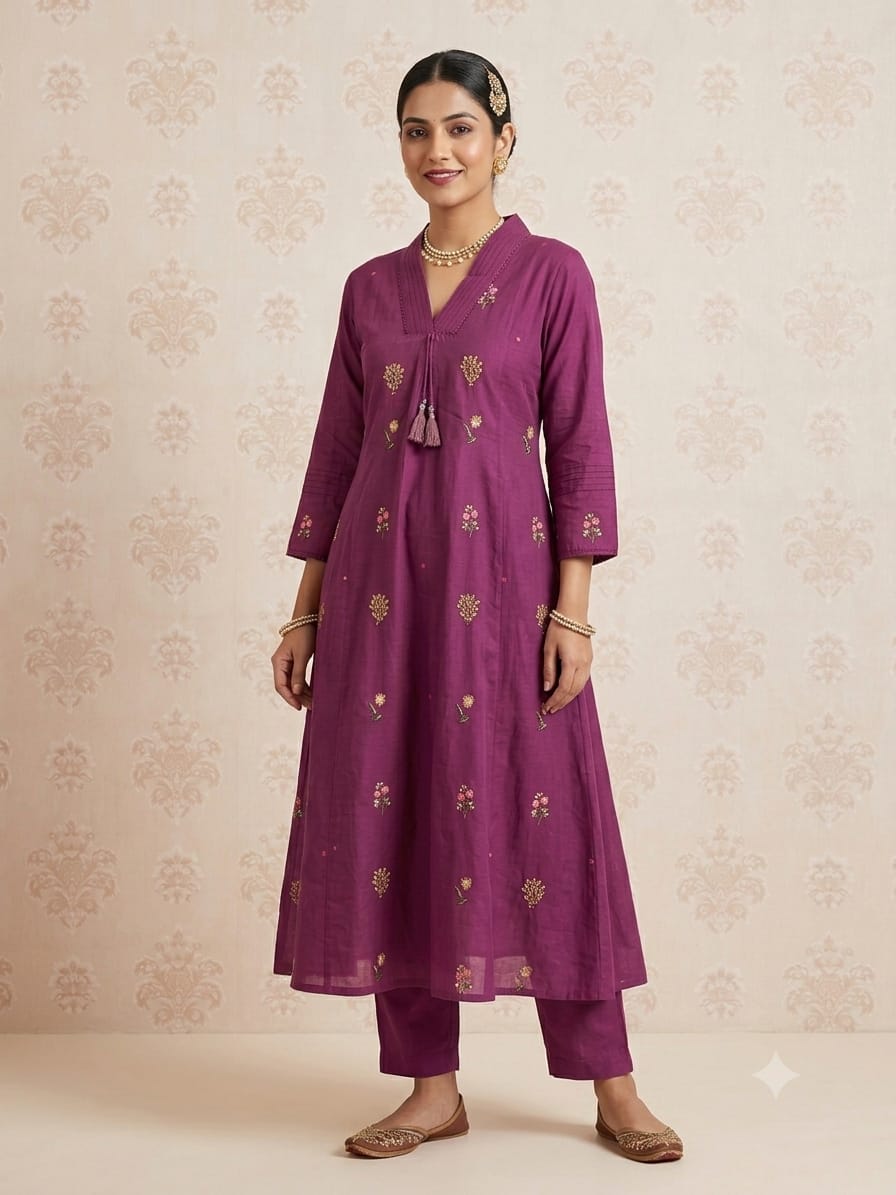 Aasiya Purple Embroidered A-Line Kurta Set