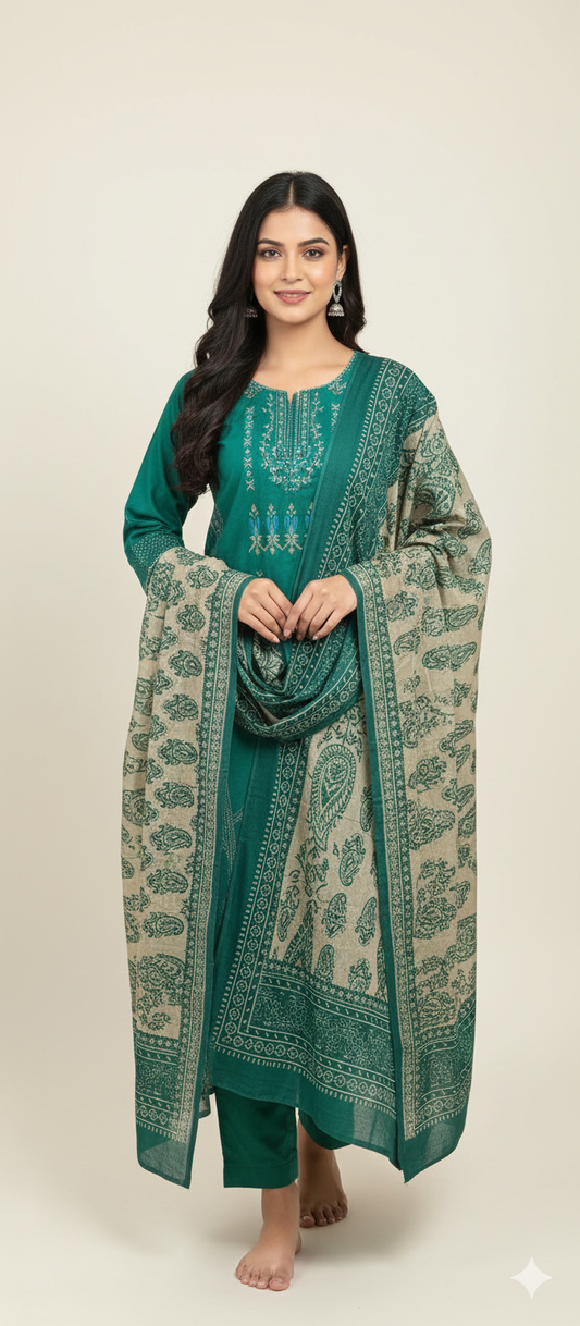 Pakistani dress green with beige print
