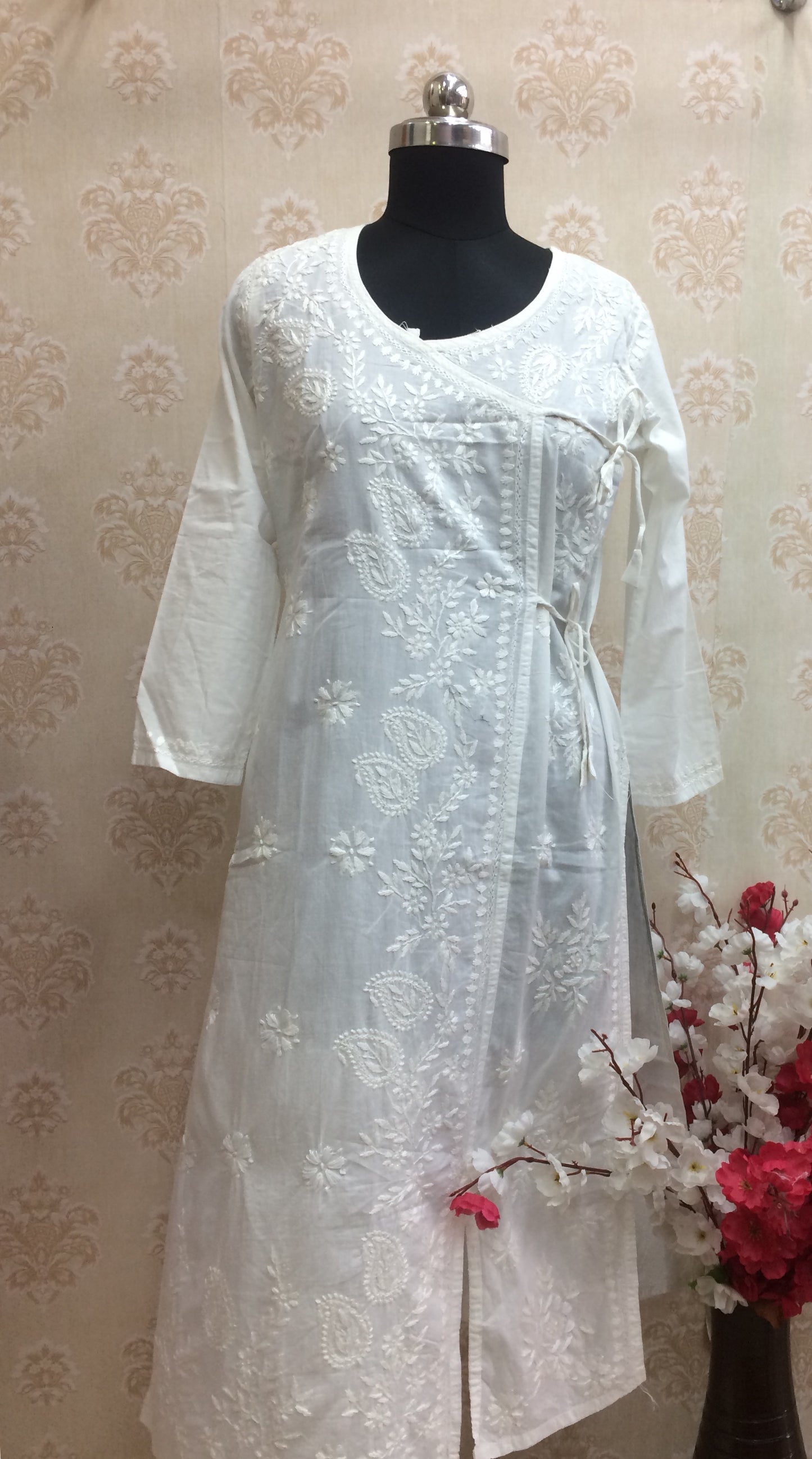Kubra Authentic Lucknowi Chikankari White Cotton Angrakha Kurti