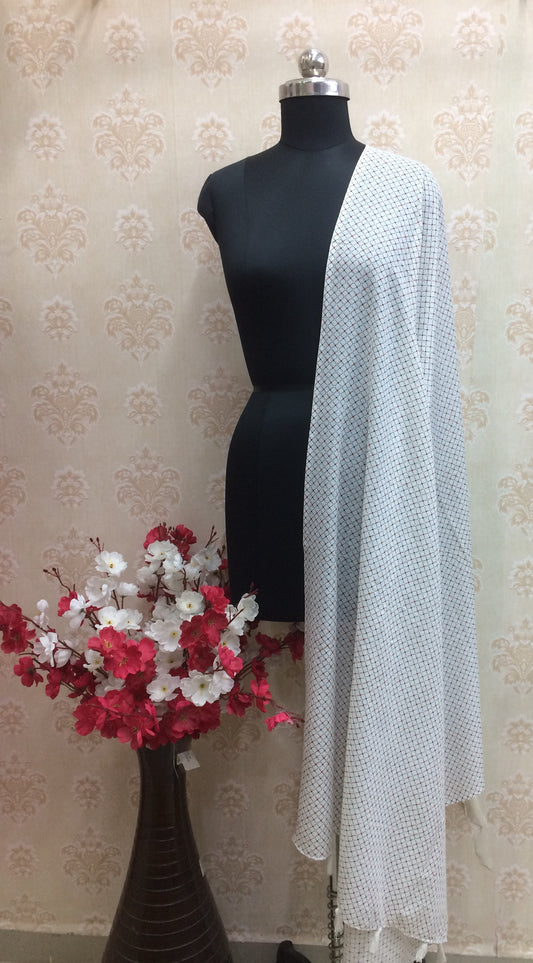 Classic White Cotton Dupatta with Black Micro-Dot / Jaal Print
