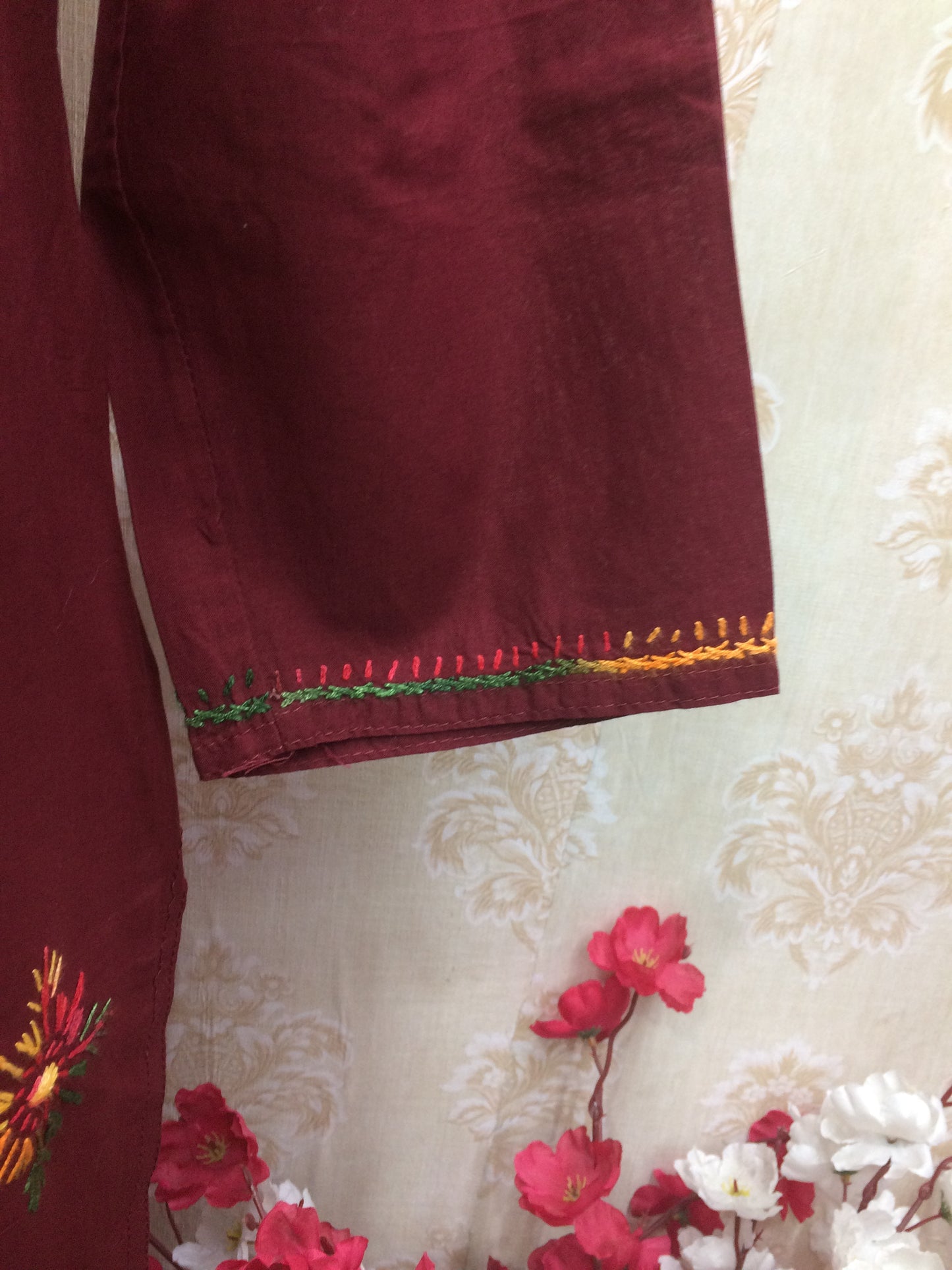 Maroon Khadi Cotton Kurti with Heavy Multi-Color Lucknowi Chikankari Style Embroidery