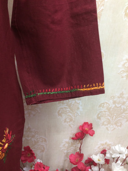 Maroon Khadi Cotton Kurti with Heavy Multi-Color Lucknowi Chikankari Style Embroidery