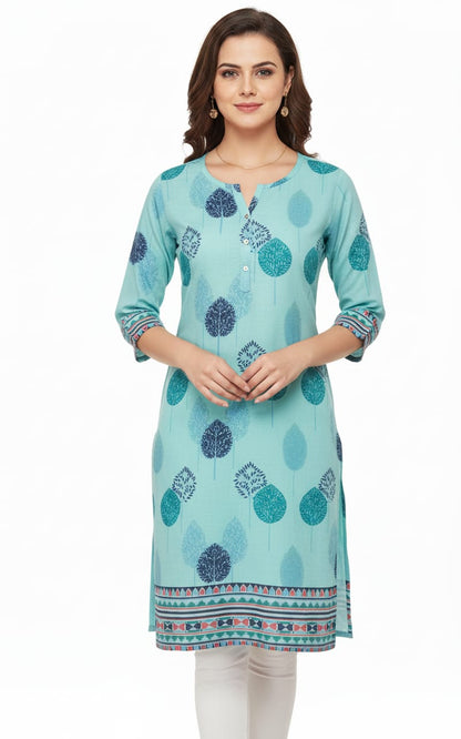 Mint Blue Cotton Printed Short Kurti with Tree Motif & Border Hem