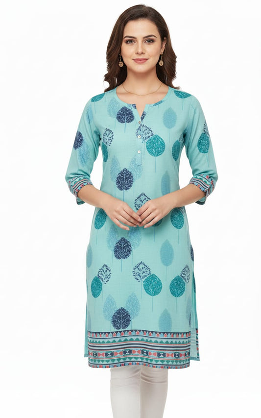 Mint Blue Cotton Printed Short Kurti with Tree Motif & Border Hem