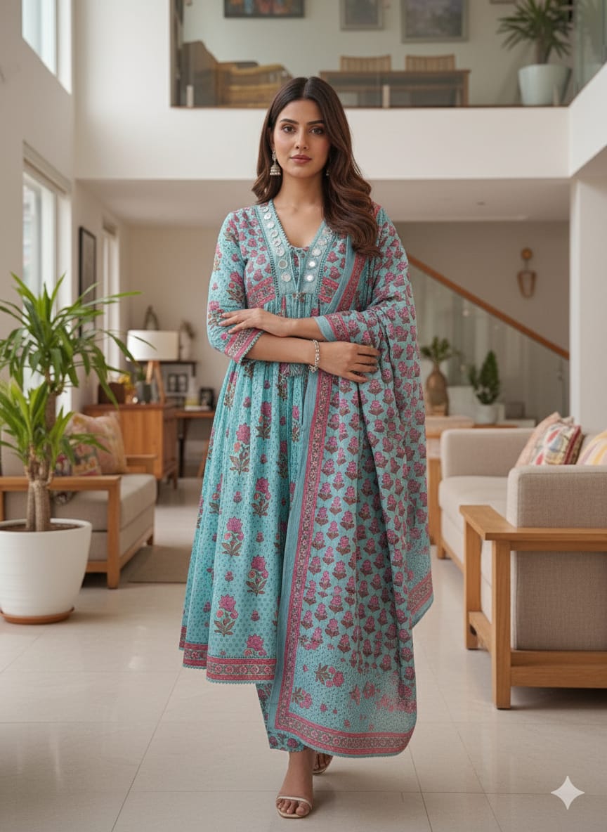 Block Print & Mirror Work Cotton Suit Set