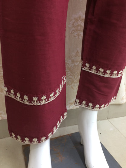 Elegant Maroon Cotton Two-Piece Suit with Border Detailing