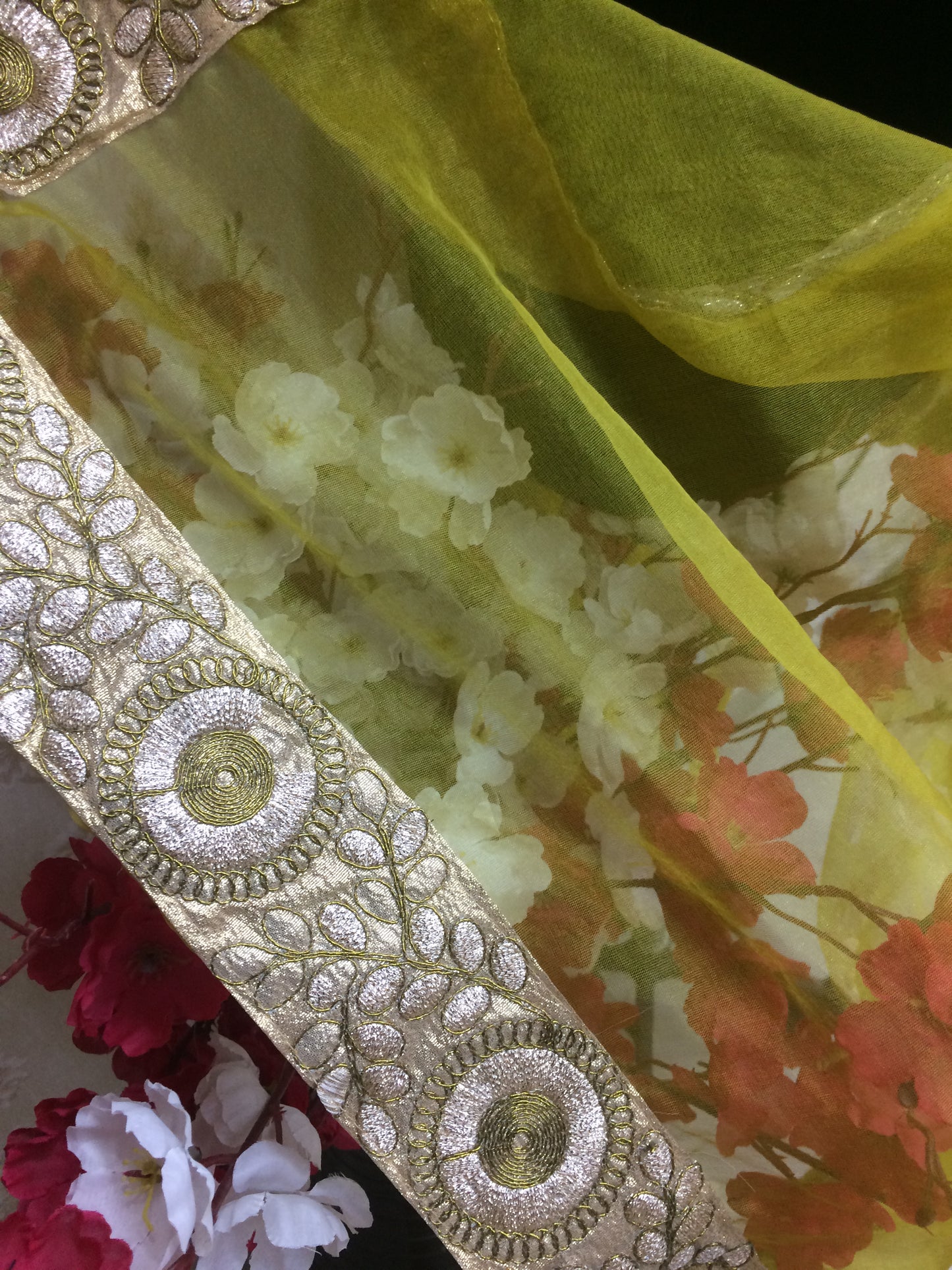 Lime Green Organza Dupatta with Heavy Gold Embroidered Border