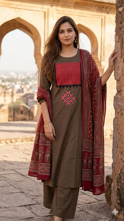 Parisha Olive Brown Cotton Kurta Set with Ajrakh Print