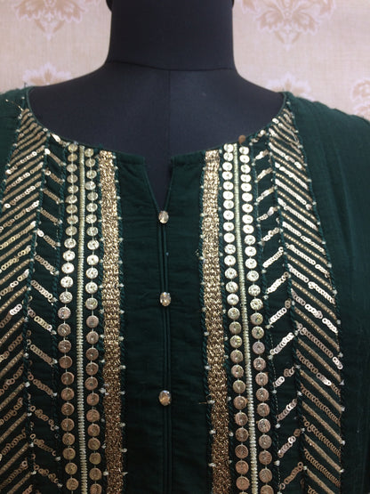 Regal Forest Green Rayon Kurti with Heavy Gold Zari & Sequin Work