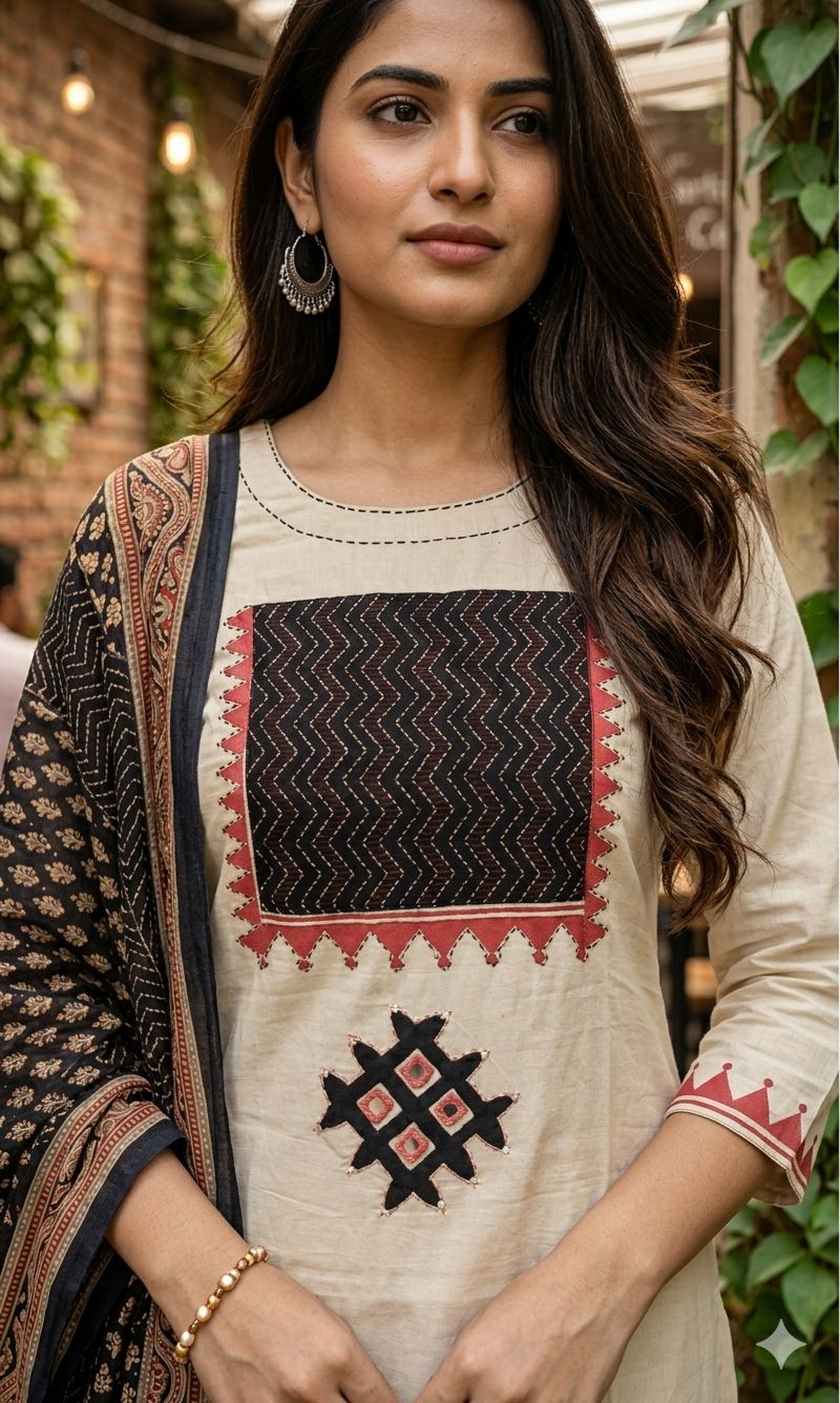 Ayzel Off-White Cotton Kurta Set with Ajrakh Print Dupatta