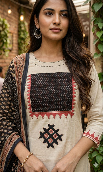 Ayzel Off-White Cotton Kurta Set with Ajrakh Print Dupatta