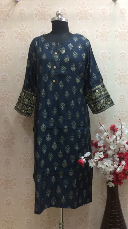 Navy Blue Gold Foil Print Kurti
