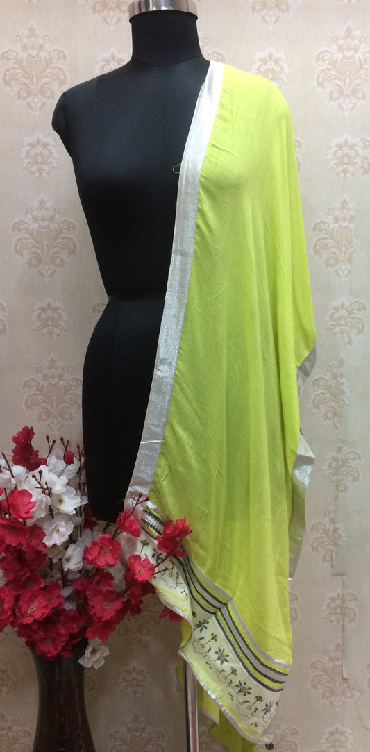 Lime rayon dupatta with silver border