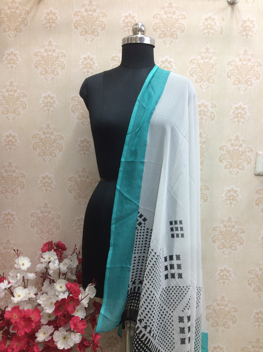 Contemporary White & Black Printed Chiffon Dupatta with Teal/Turquoise Border