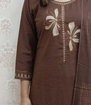 Rich Coffee Brown Floral Kurta Set £ Wide-Leg Palazzo with dupatta