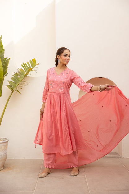 Nora Blushing Rose Embroidered Cotton Anarkali Suit Set