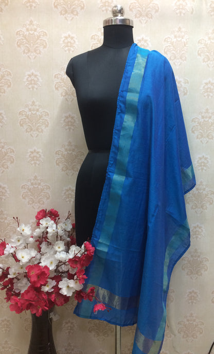 Vibrant Royal Blue Art Silk Dupatta with Gold Zari Border