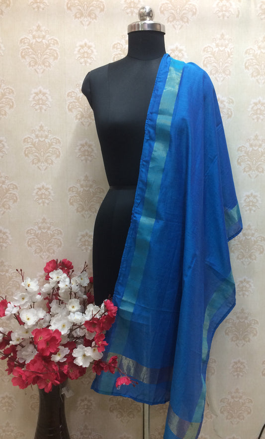 Vibrant Royal Blue Art Silk Dupatta with Gold Zari Border