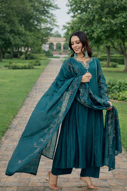 Mul Chanderi Teal anarkali set