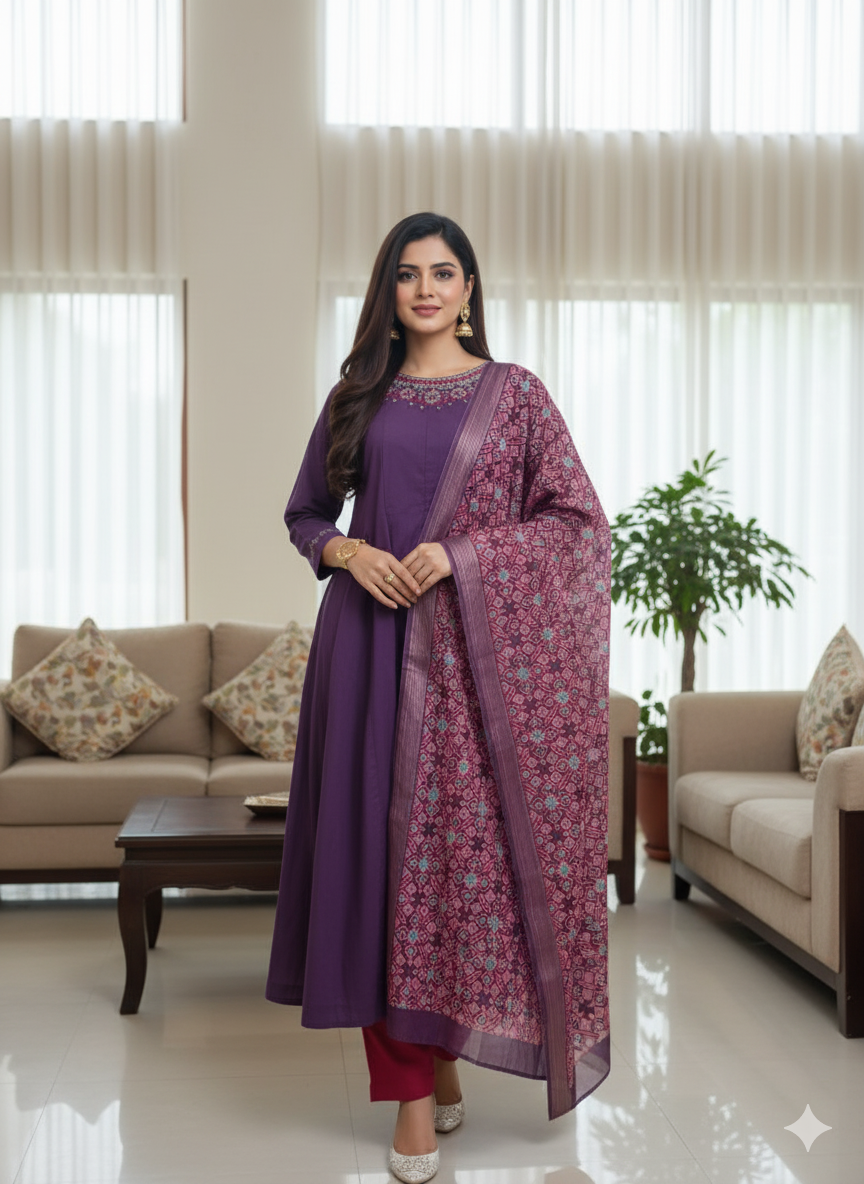 Heidi Elegant Aubergine Anarkali Suit with Woven Dupatta