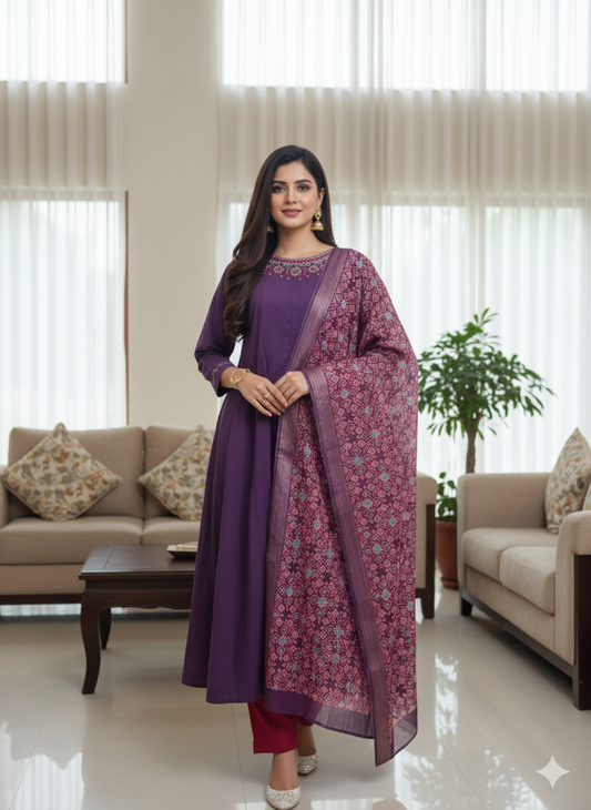 Heidi Elegant Aubergine Anarkali Suit with Woven Dupatta