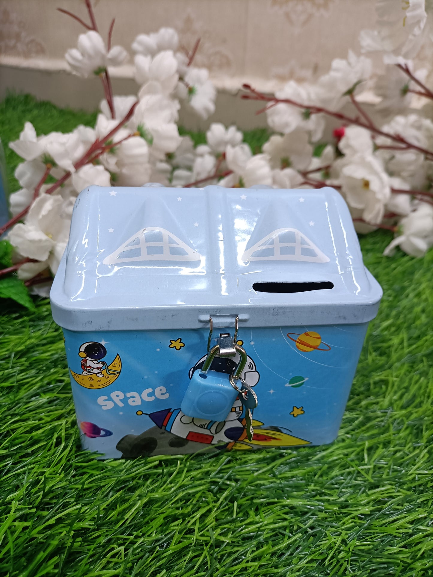 Astronaut Space Adventure Metal Piggy Bank with Lock & Key