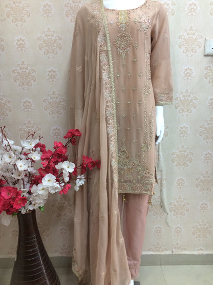 Elegant Nude Beige Embroidered Chiffon Salwar Kameez Suit with Heavy Neckline Work