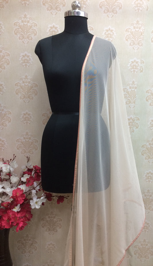 Soft Beige Net Dupatta with Subtle Gold Border