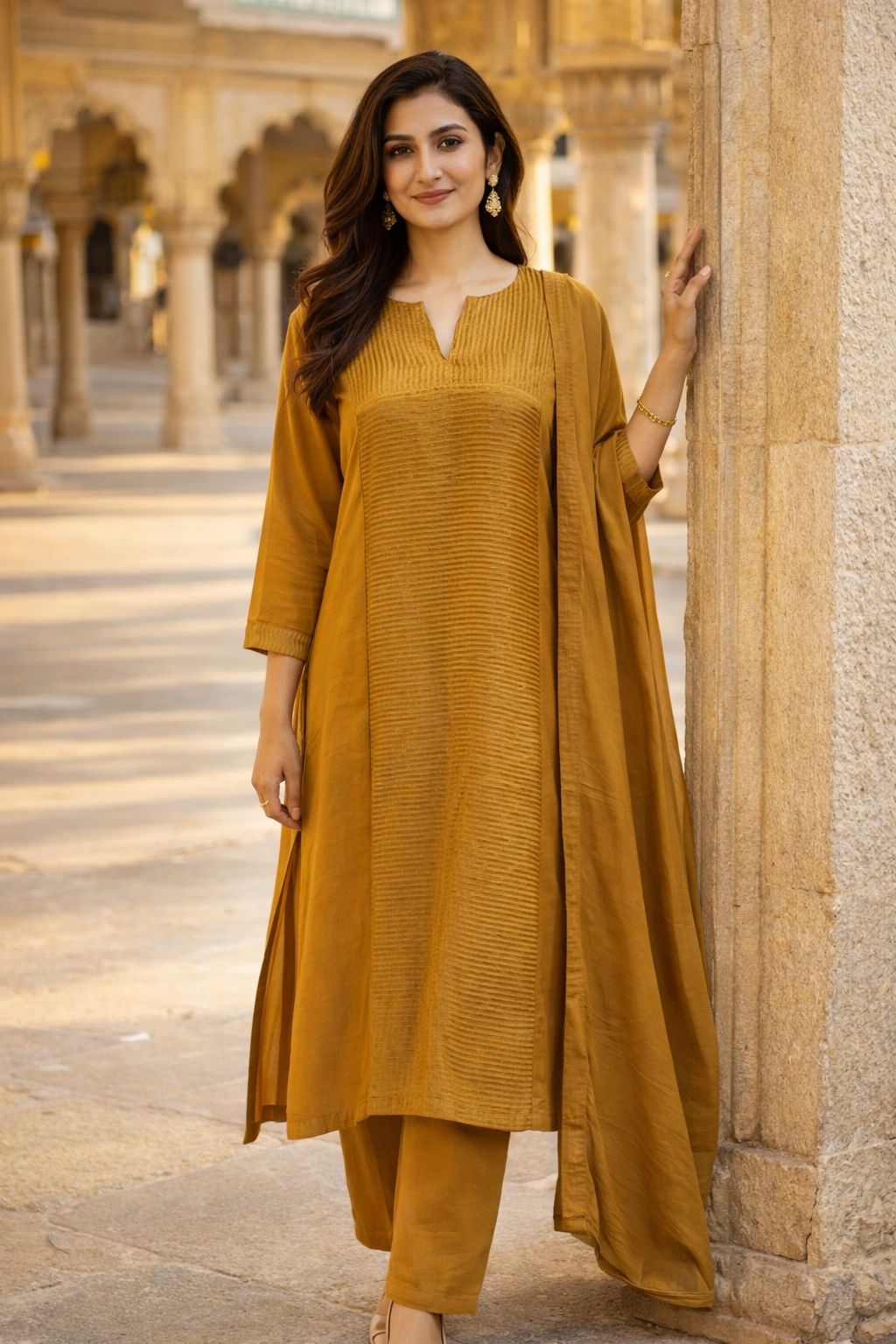 Gold mustard textured kurta set