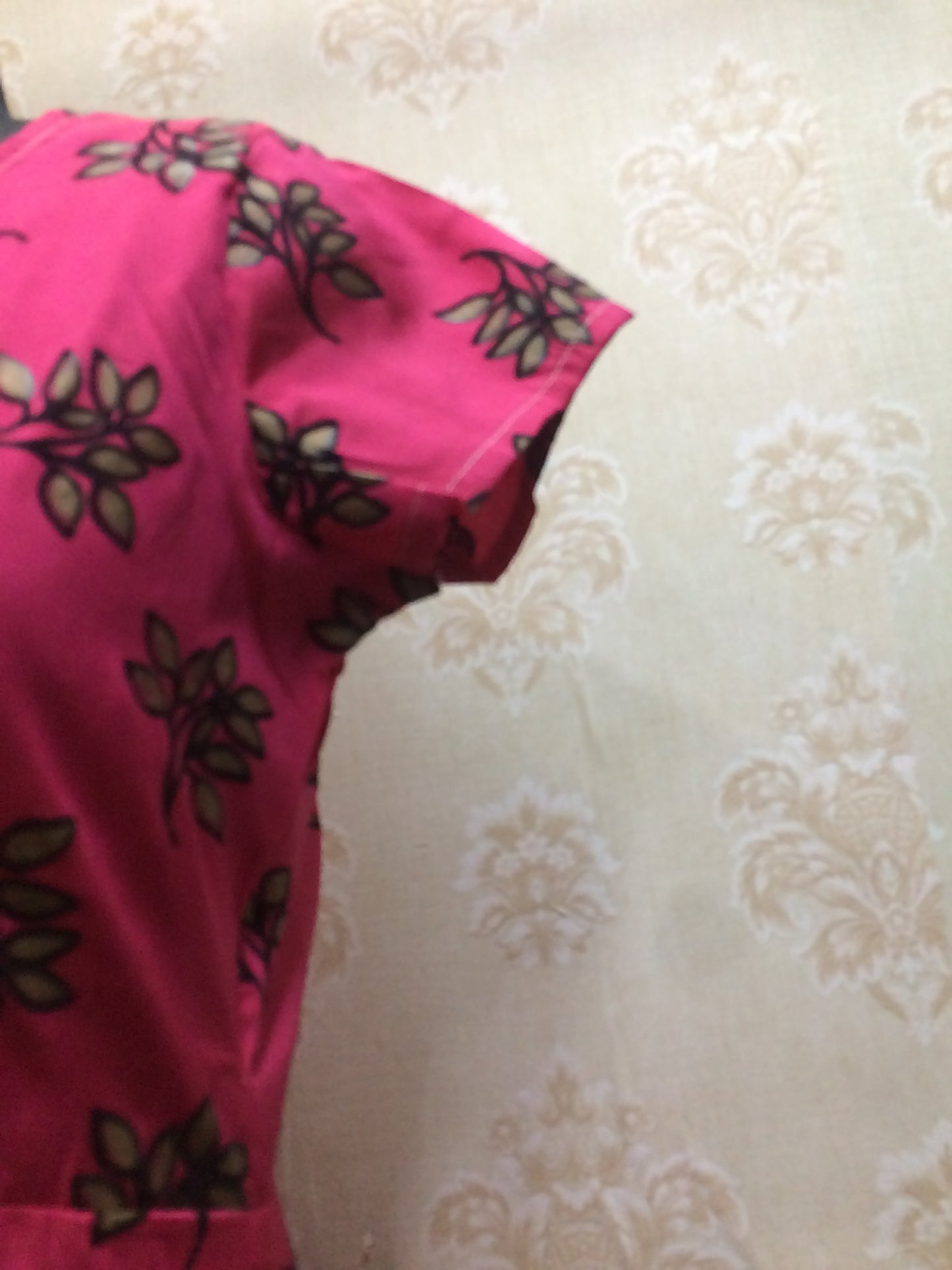Hot Pink Satin Long Kurti with Leafy Print