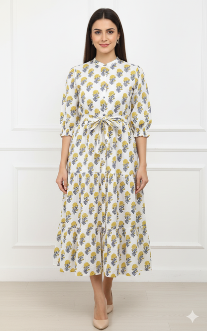 White Cotton Kurti with Yellow & Blue Floral Print