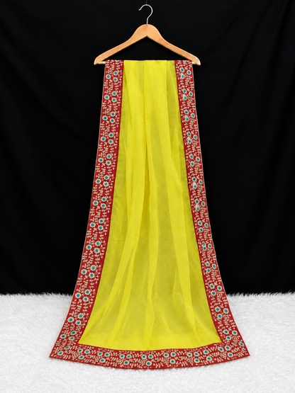 Yellow Organza Dupatta with Maroon & Turquoise Embroidered Border
