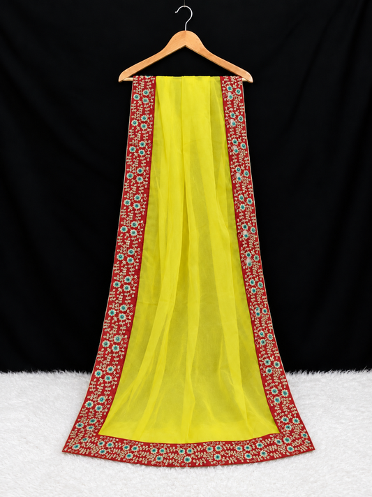 Yellow Organza Dupatta with Maroon & Turquoise Embroidered Border