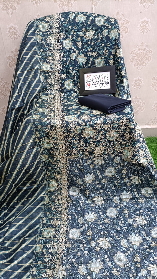 Bin Saeed unstitched embroidered Teal Blue