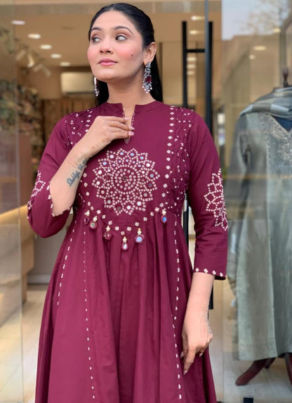 Deep Wine Bandhani Print Anarkali Set with Mirror Work